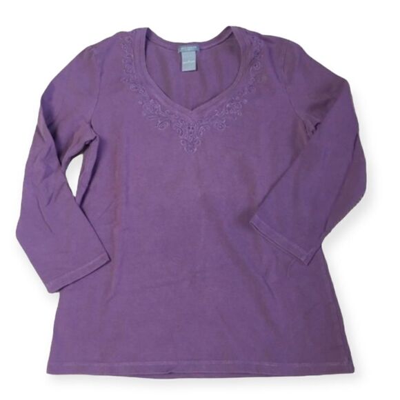 Ann Taylor Women’s S Purple 3/4 Sleeve Top | Embroidered V-Neck Blouse - Picture 1 of 4